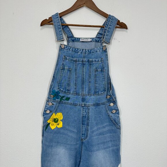 Misslook Floral Painted Denim Bib Overalls Festival Quirky Women's Size Small - Picture 9 of 12